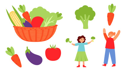 Illustration of a basket filled with vegetables and two girls holding broccoli in their hands happily