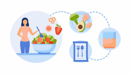 Woman preparing salad with tomatoes and lettuce, connected to healthy food icons with dotted lines
