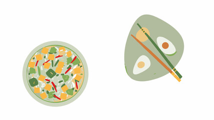 Illustration of a bowl of colorful salad and a plate with avocado and chopsticks on a white background