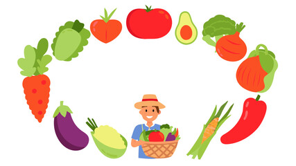 Illustration of a farmer holding a basket of vegetables surrounded by a variety of fresh produce items