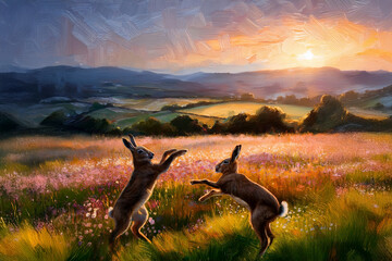 Painting style image of two hares boxing in meadow in rural Ireland at dawn on summer morning