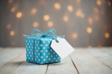 blue and white polka dot gift box with a tag on it