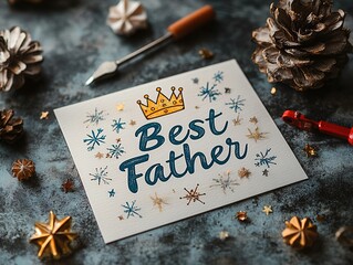 Father's Day Card Design: "Best Wishes for Father" Blue Text with Snowflakes, Pine Cones & Golden Crown Silhouette, Warm Hand-Drawn Style for Print and Social Media