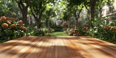 Obraz premium Wooden table and blurred green garden background.