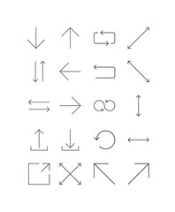 Versatile Set of Essential Line Art Arrow Icons for User Interface, Navigation, and Data Flow Representation