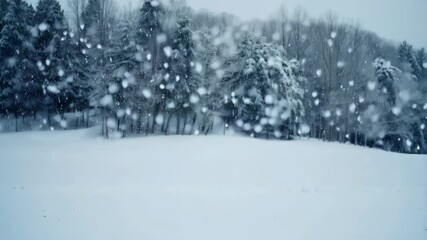 Snow falling gently over a winter forest scene with evergreen trees and ground covered in fresh snow - Powered by Adobe