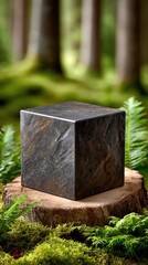 Moss-covered rocks form a stunning natural display in a foggy forest, perfect for presenting cosmetic items or nature-themed toys