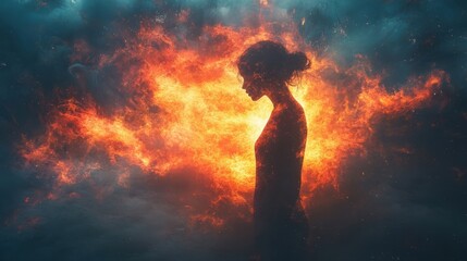 Obraz premium Intense silhouette of a woman enveloped by vibrant flames against a moody background, representing emotion and transformation