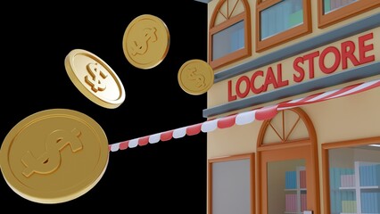 A 3d rendering of charming two-story building designed in a cartoonish style, with gold dollar coins scattered around it.