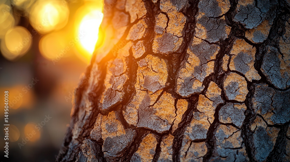 Wall mural joshua tree silhouettes cast across weathered bark texture in macro close-up with golden desert sunr