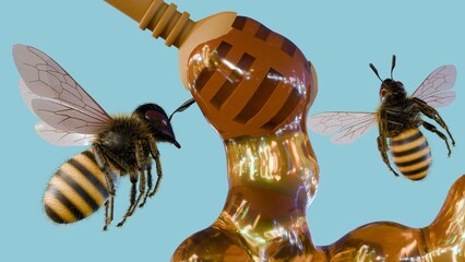 A 3D rendering depicting a honey dipper with a drip of honey and a swarm of bees.
