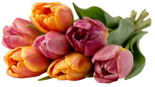 Close-up view of a bunch of tulips, showcasing a mix of warm orange and pink hues. The image highlights the intricate petal structure and the overall beauty of the flower arrangement.