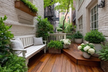 Naklejka premium A small courtyard garden with a wooden deck, potted plants, and a wood seating area