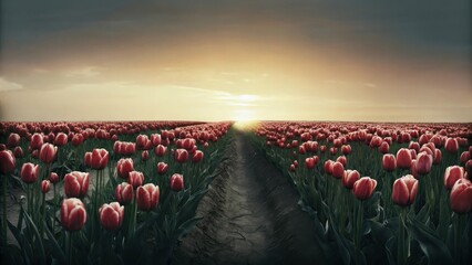 A field of red and white tulips stretches toward the horizon at sunset, with a dirt path running through the center.