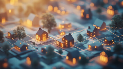 A digital rendering of a smart neighborhood with interconnected homes and advanced technology