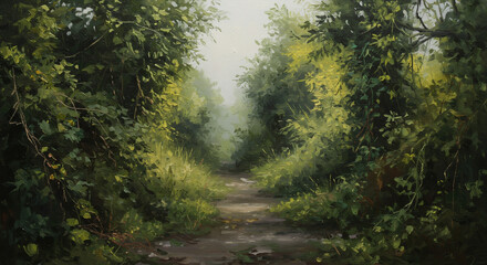 Obraz premium Enchanted Forest Trail: A tranquil forest trail beckons, shrouded in soft mist and lush greenery, inviting exploration into the depths of nature's embrace.