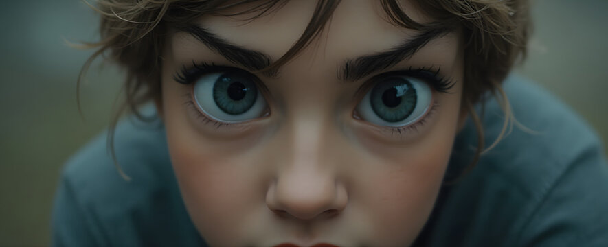 Personnage f&eacute;minin d'animation au Regard fixe ax&eacute; sur ses grands iris bleus 