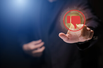 Man using smartphone or tablet, pointing finger at dislike button, thumbs down button, Interface,Thumbs up icon, display screen, touch screen, Virtual Image Technology