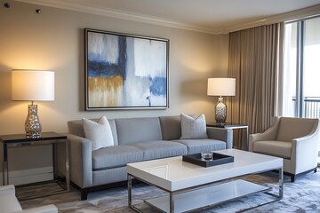 Fototapeta premium Modern Living Room with Gray Sofa, White Coffee Table and Lamp