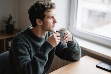 Man Contemplating with Coffee by the Window in Cozy Space
