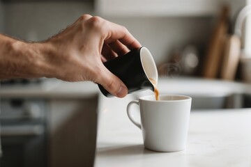 Pouring Fresh Coffee into a White Cup in a Cozy Kitchen