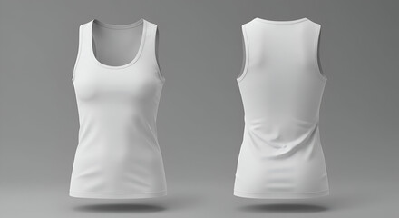 Blank white women's tank top, front and back views, with subtle texture, showcasing design potential for print or graphic application. Ideal for advertising and product catalogs.