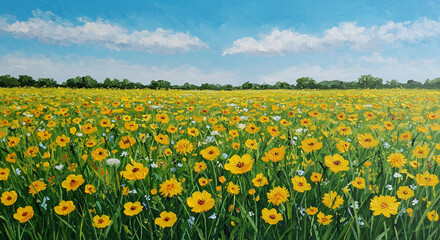 Fototapeta premium Sunflower Field Under the Summer Sky: Captivating painting of endless vibrant sunflowers stretches towards the horizon, bathed in the sun's warm embrace.