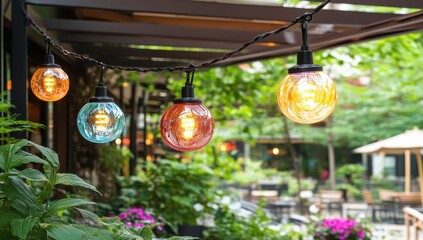 Colorful outdoor string lights strung over patio area