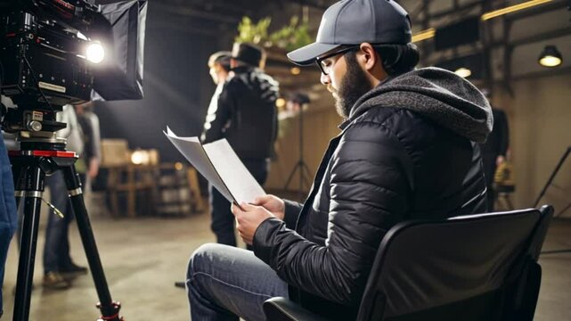 Man in casual clothing reading a script backstage under warm industrial lighting.