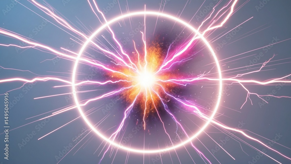 Poster energy explosion inside glowing circular frame, evoking power and dynamism, with radiating streaks of light.  The composition uses vibrant colors to create a dramatic visual effect
