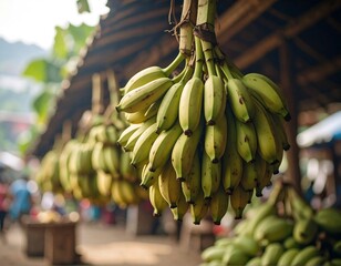 Fresh Green Bananas Hanging at a Vibrant Outdoor Market A Bunch of Ripe Bananas Ready for Sale
