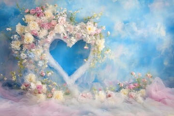 Heart-shaped floral frame in pastel colors against a dreamy sky backdrop