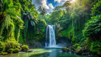 Fototapeta premium Stunning Tibumana Waterfall Bali: Ubud's Hidden Jungle Paradise - 4K High-Resolution Image