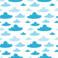 Blue seamless pattern with sky, cartoon style clouds for design. Happy childhood dreams.