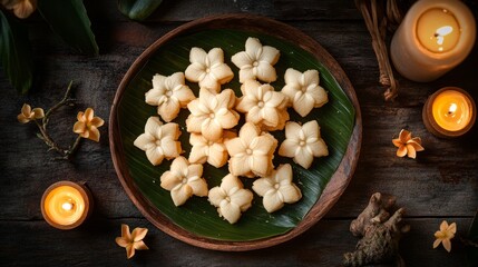 Fototapeta premium Exquisite Kanom Kleeb Lumduan Delicate Shortbread Dessert Display