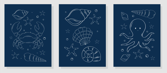 Set of minimalistic posters with hand-drawn seashells, clam, crab, octopus in sketch style. Tropical shells and clams. Vector illustration for templates, labels, postcards, menus, prints, posters.