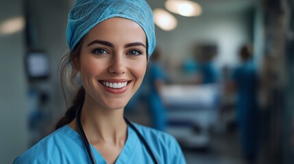 A smiling doctor in scrubs, radiating confidence and care in a modern hospital setting.