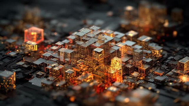 Isometric glowing cube structure representing digital architecture and artificial intelligence systems