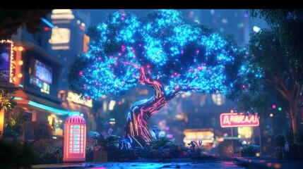 Obraz premium Neon-lit futuristic cityscape with glowing tree
