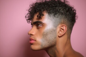 Obraz premium Young man with glitter makeup on pink background