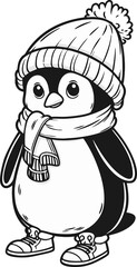 Cute penguin with hat, scarf and boots, keeping warm in the winter cold