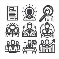 Human Resources icon set. Business related line icons: HR, recruitment, employment, office, management, business people, teamwork, resume, career and more. Editable stroke. Vector illustration