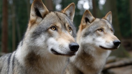 Fototapeta premium Two wolves stand in a stunning mountainous landscape, one gazing fiercely at the camera while the other turns slightly away