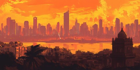Futuristic skyline of Mumbai at sunset blending with heritage architecture in a vibrant orange palette symbolizing time travel through Maharashtra