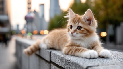 Cute long-haired cat watches the vibrant skyline as the sun sets, with the faintly visible