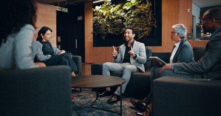 Group, business and meeting with people in lobby for discussion, planning and briefing at...