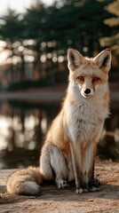 A red fox enjoys the warm morning sun by a calm lake, its reflection mirrored in the water against a misty forest