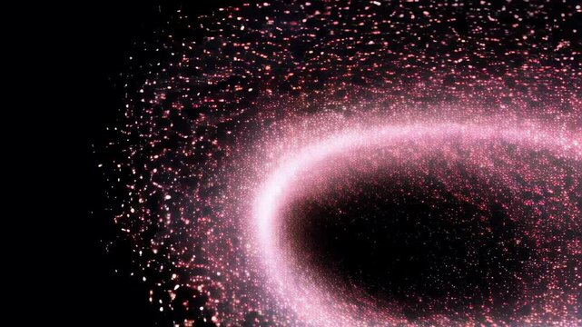 Pink light ring with shining particles swirling across a black background, abstract visual effect for science fiction or outer space themes