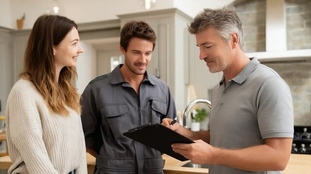 House inspection and planning: The couple, discussing with the specialist about the plan. A collaborative moment, symbolising the beginning of something grand, with the light washing the scene.