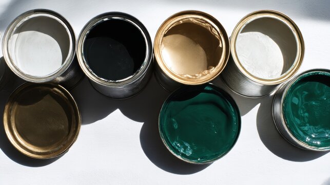 Several medium-sized round steel cans in a row, each lid open to reveal different paint textures: matte black, satin white, metallic gold and glossy emerald green.